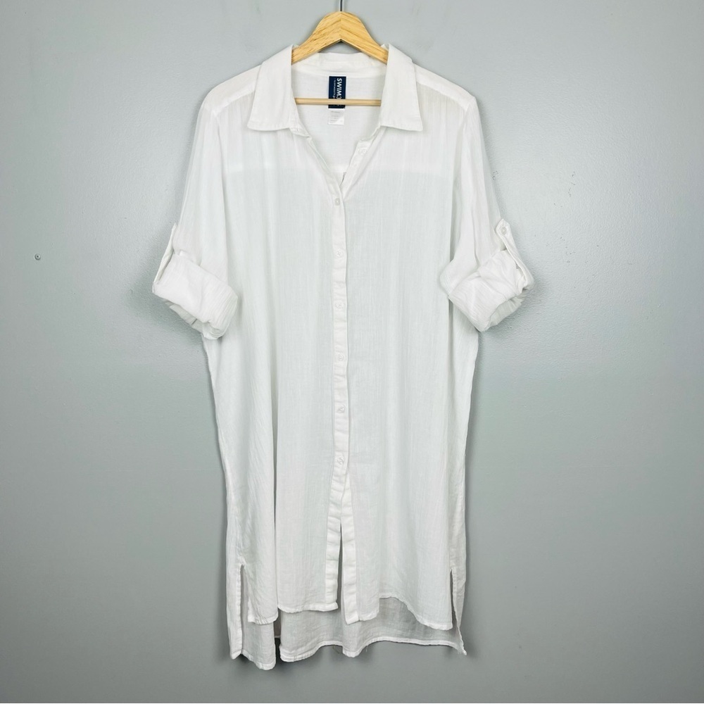 Swimsuits For All Swim 365 white Button-Front roll tab Swim Cover Up, 18/20. - Picture 2 of 11